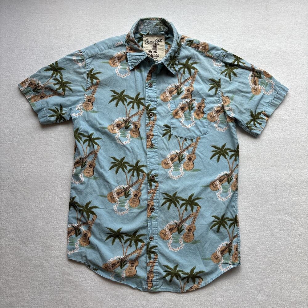 Coastal Button Down Shirt Men Small Blue Tropical Ukulele Palm Tree Short Sleeve